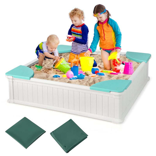 4 x 4 FT Large HDPE Kids Sandbox with Oxford Cover, 4 Corner Seats & Bottom Liner, All Weather Resistant Outdoor Sand Pit