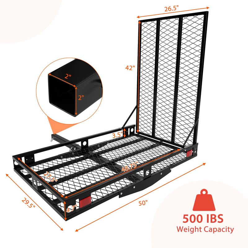 500 LBS Folding Hitch Mount Wheelchair Carrier, Mobility Scooter Loading Ramp w/2 Tie Down Straps, Heavy Duty Strong Hitch Cargo Carrier