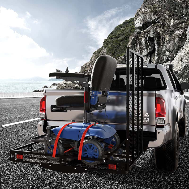 500 LBS Folding Hitch Mount Wheelchair Carrier, Mobility Scooter Loading Ramp w/2 Tie Down Straps, Heavy Duty Strong Hitch Cargo Carrier