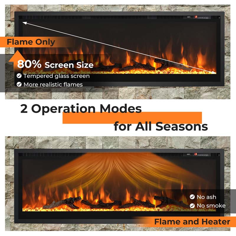 36"/42"/50" Wide Electric Fireplace Recessed/Wall Mounted/Freestanding, 750W/1500W Linear Fireplace Heater Insert with 9 Flame Color