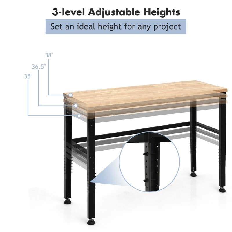 53" Oak Wood Workbench with 3-level Adjustable Heights, Heavy-Duty Steel Work Table Hardwood Workstation