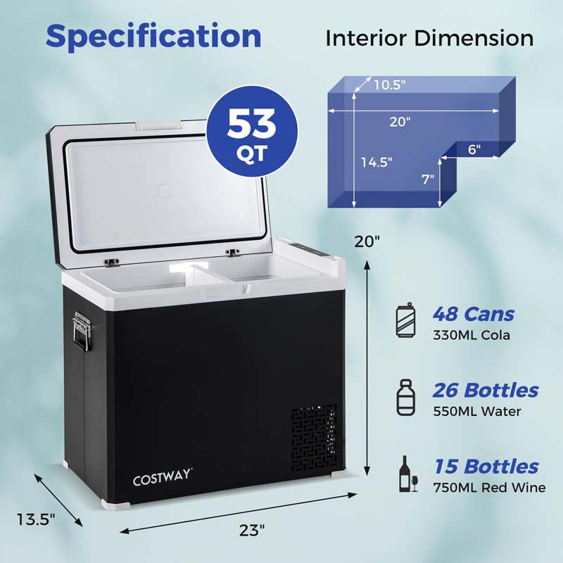 53QT Portable Car Fridge Freezer for Camping Travel, Dual-zone Electric Cooler w/-4?~68? Adjustable Range, 12/24V DC & 110-240V AC