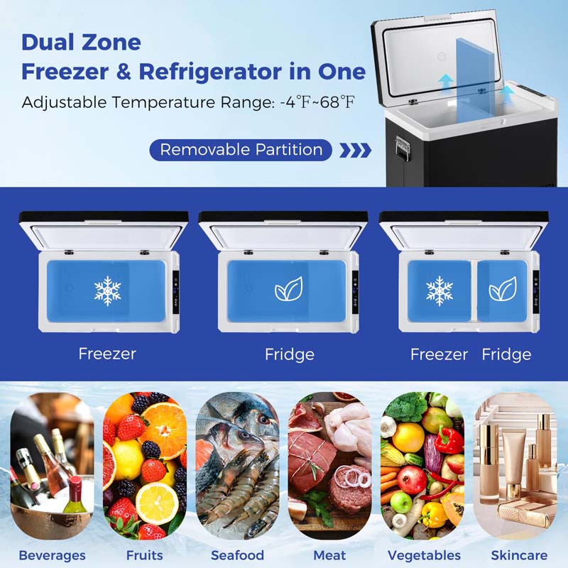 53QT Portable Car Fridge Freezer for Camping Travel, Dual-zone Electric Cooler w/-4?~68? Adjustable Range, 12/24V DC & 110-240V AC