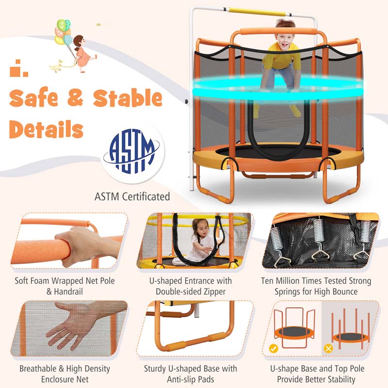 60" 3-in-1 Mini Trampoline for Kids 5Ft Toddler Recreational Trampoline with Gymnastic Rings & Horizontal Bar