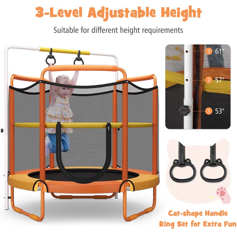 60" 3-in-1 Mini Trampoline for Kids 5Ft Toddler Recreational Trampoline with Gymnastic Rings & Horizontal Bar