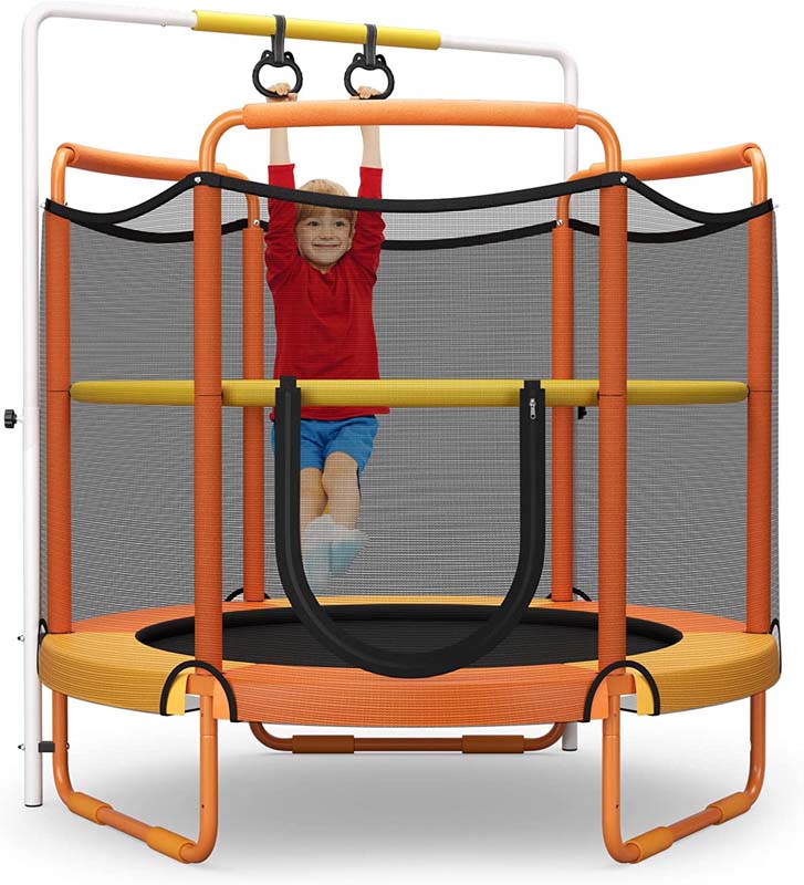 60" 3-in-1 Mini Trampoline for Kids 5Ft Toddler Recreational Trampoline with Gymnastic Rings & Horizontal Bar