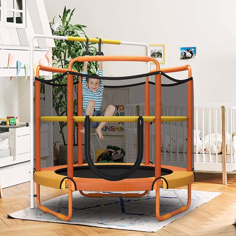 60" 3-in-1 Mini Trampoline for Kids 5Ft Toddler Recreational Trampoline with Gymnastic Rings & Horizontal Bar