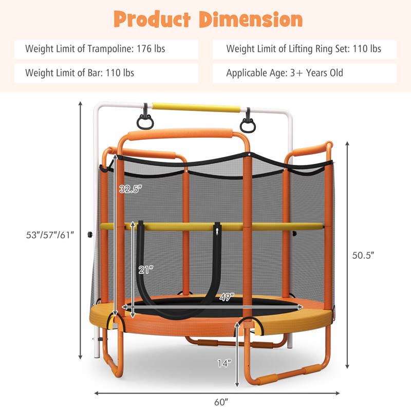 60" 3-in-1 Mini Trampoline for Kids 5Ft Toddler Recreational Trampoline with Gymnastic Rings & Horizontal Bar