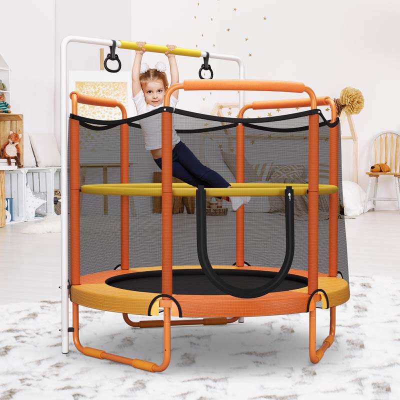 60" 3-in-1 Mini Trampoline for Kids 5Ft Toddler Recreational Trampoline with Gymnastic Rings & Horizontal Bar