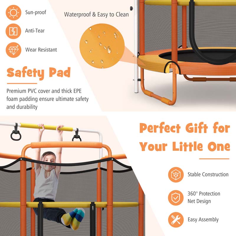 60" 3-in-1 Mini Trampoline for Kids 5Ft Toddler Recreational Trampoline with Gymnastic Rings & Horizontal Bar