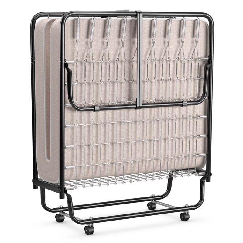 79" x 39" Rollaway Folding Bed with 5" Memory Foam Mattress, Twin Size Portable Guest Bed with Wheels