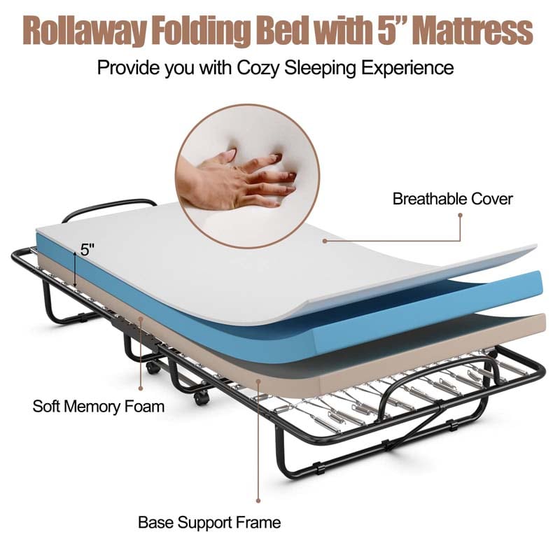79" x 39" Rollaway Folding Bed with 5" Memory Foam Mattress, Twin Size Portable Guest Bed with Wheels