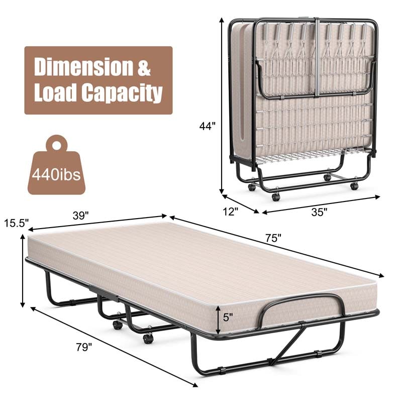 79" x 39" Rollaway Folding Bed with 5" Memory Foam Mattress, Twin Size Portable Guest Bed with Wheels
