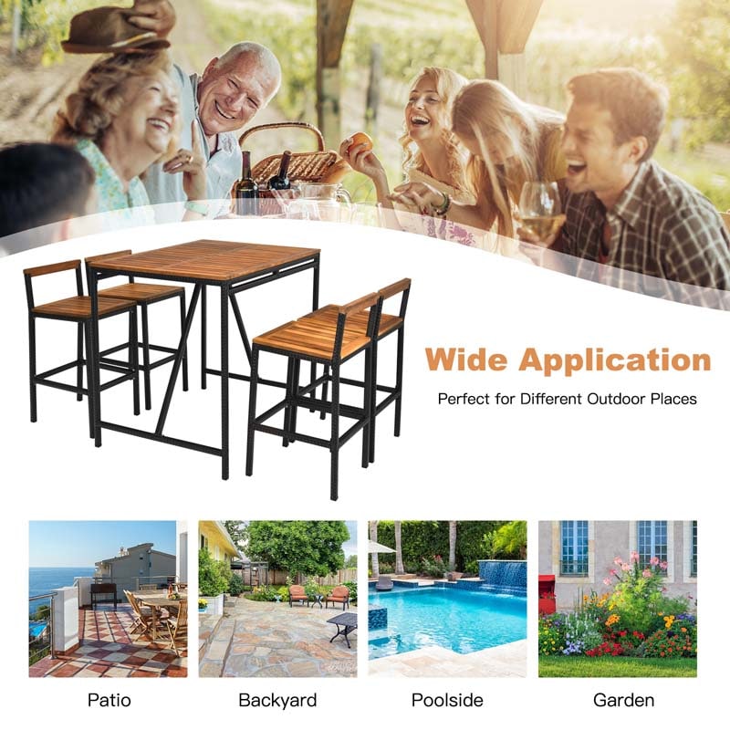 5 Pcs Acacia Wood Rattan Wicker Outdoor Patio Bar Set Dining Table Set with 1.9" Umbrella Hole & 4 Bar Stools