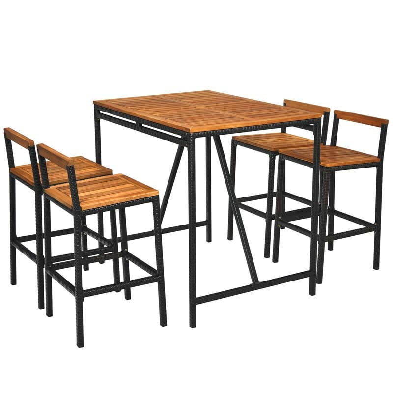 5 Pcs Acacia Wood Rattan Wicker Outdoor Patio Bar Set Dining Table Set with 1.9" Umbrella Hole & 4 Bar Stools