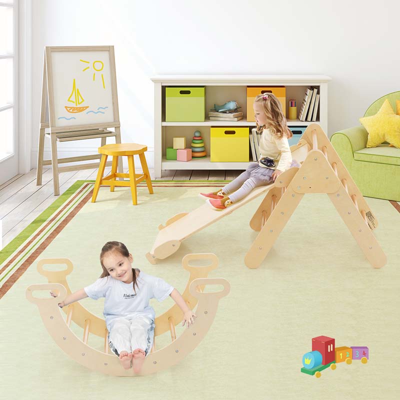 5-in-1 Montessori Wooden Climbing Toys for Toddlers, Arch Climber Ladder with Sliding Ramp, Kids Triangle Climber Play Gym Set