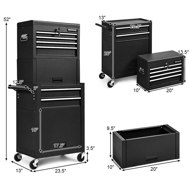 Heightened 6-Drawer Rolling Tool Chest Cabinet with Riser & Lock, 3 in 1 Big Toolbox Organizer for Workshop Garage