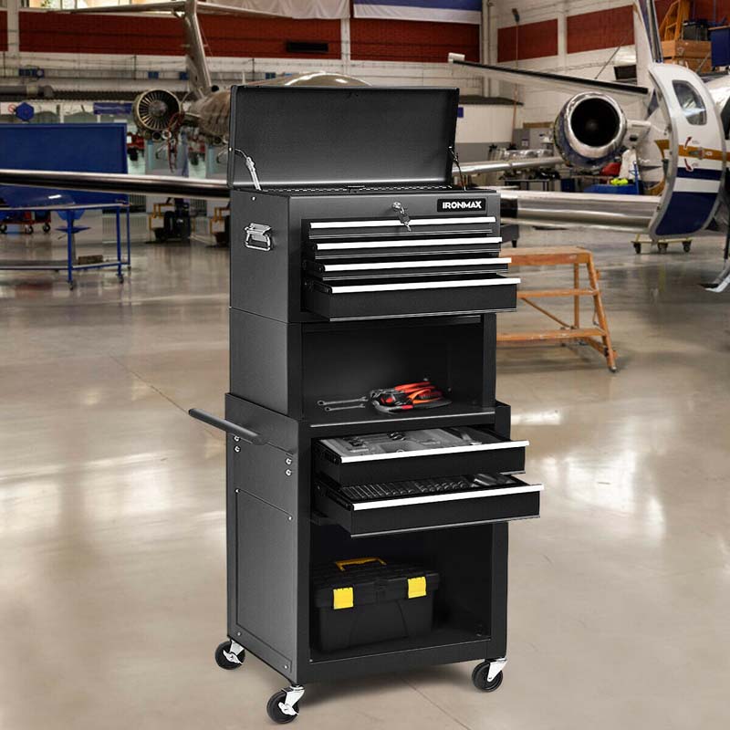 Heightened 6-Drawer Rolling Tool Chest Cabinet with Riser & Lock, 3 in 1 Big Toolbox Organizer for Workshop Garage