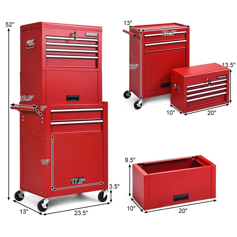 Heightened 6-Drawer Rolling Tool Chest Cabinet with Riser & Lock, 3 in 1 Big Toolbox Organizer for Workshop Garage