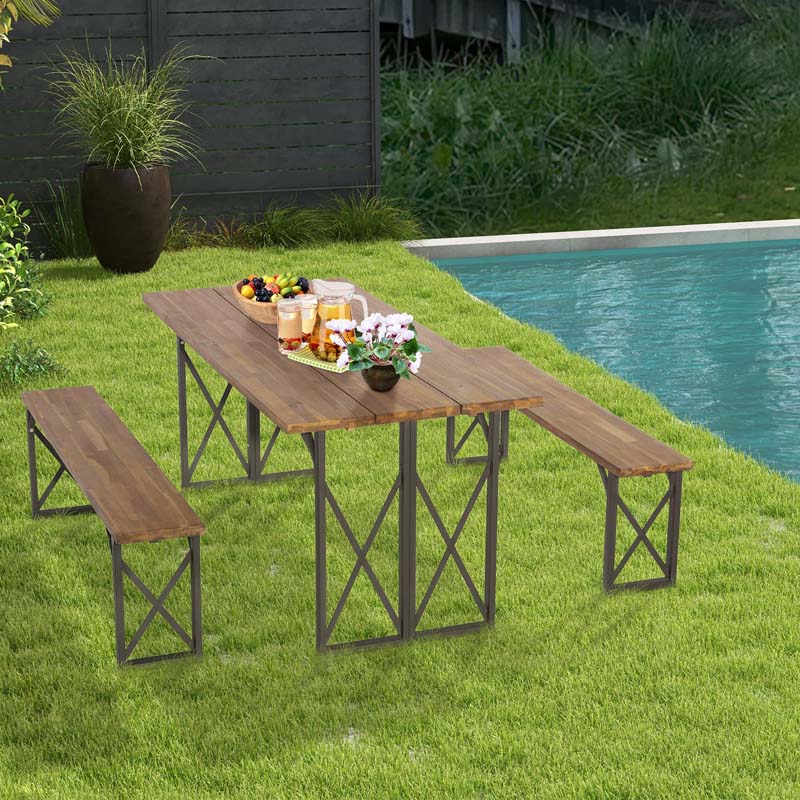 3 Pcs Acacia Wood Outdoor Picnic Table Bench Set with 2" Umbrella Hole, Space-Saving Camping Dining Table Set