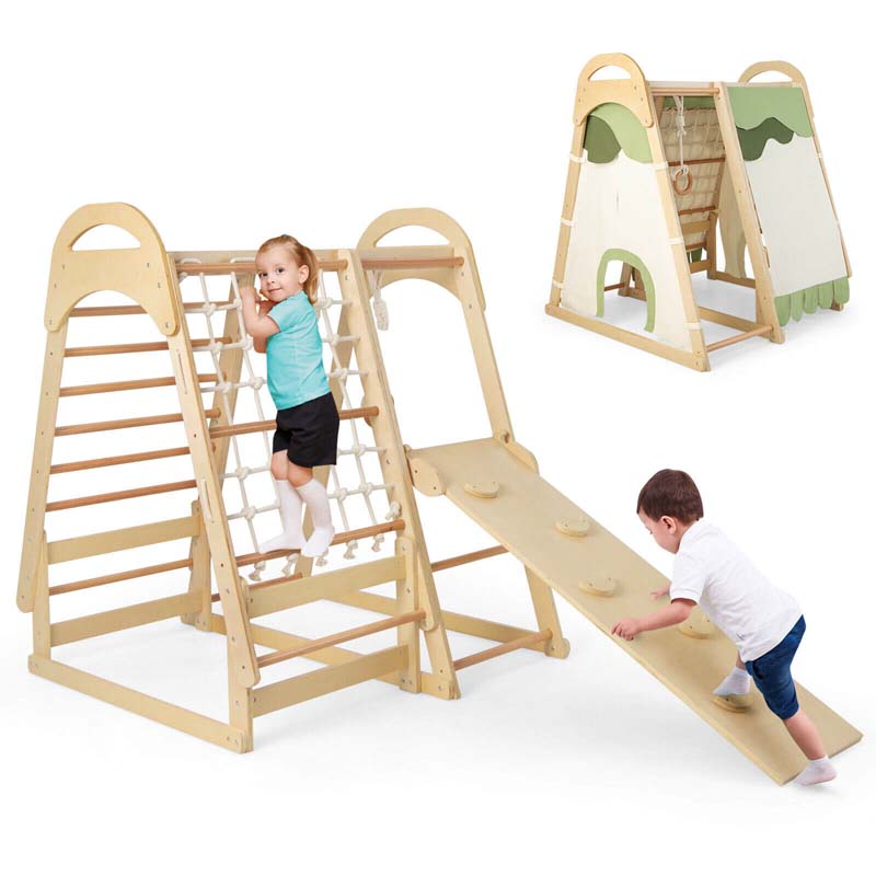 6-in-1 Wooden Kids Jungle Gym Playset with Slide Climbing Net, Indoor Playground Montessori Climbing Toys for Toddlers