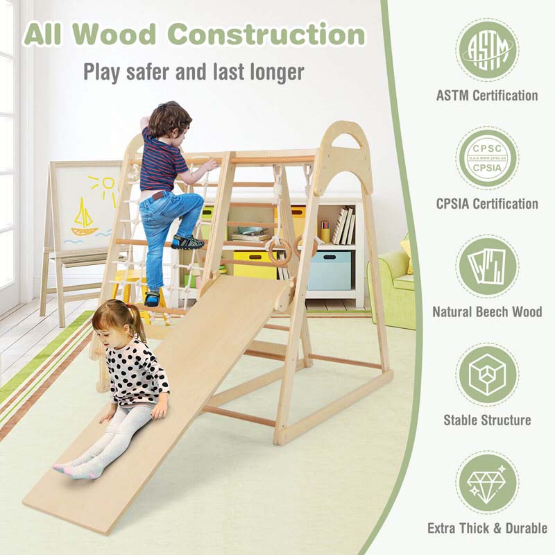 6-in-1 Wooden Kids Jungle Gym Playset with Slide Climbing Net, Indoor Playground Montessori Climbing Toys for Toddlers
