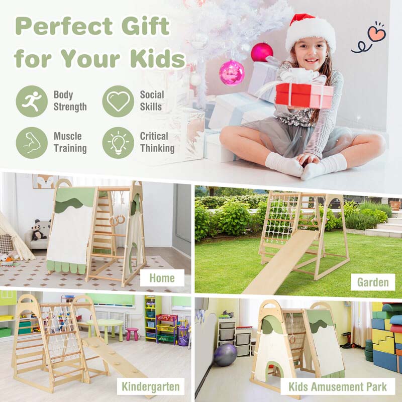 6-in-1 Wooden Kids Jungle Gym Playset with Slide Climbing Net, Indoor Playground Montessori Climbing Toys for Toddlers