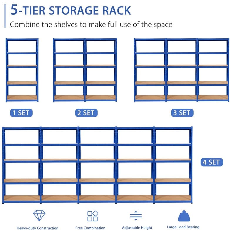 Blue 30" x 12" x 60" 5-Tier Storage Shelving Unit, 2000 lbs Capacity Heavy Duty Metal Utility Shelves, Adjustable Storage Racks