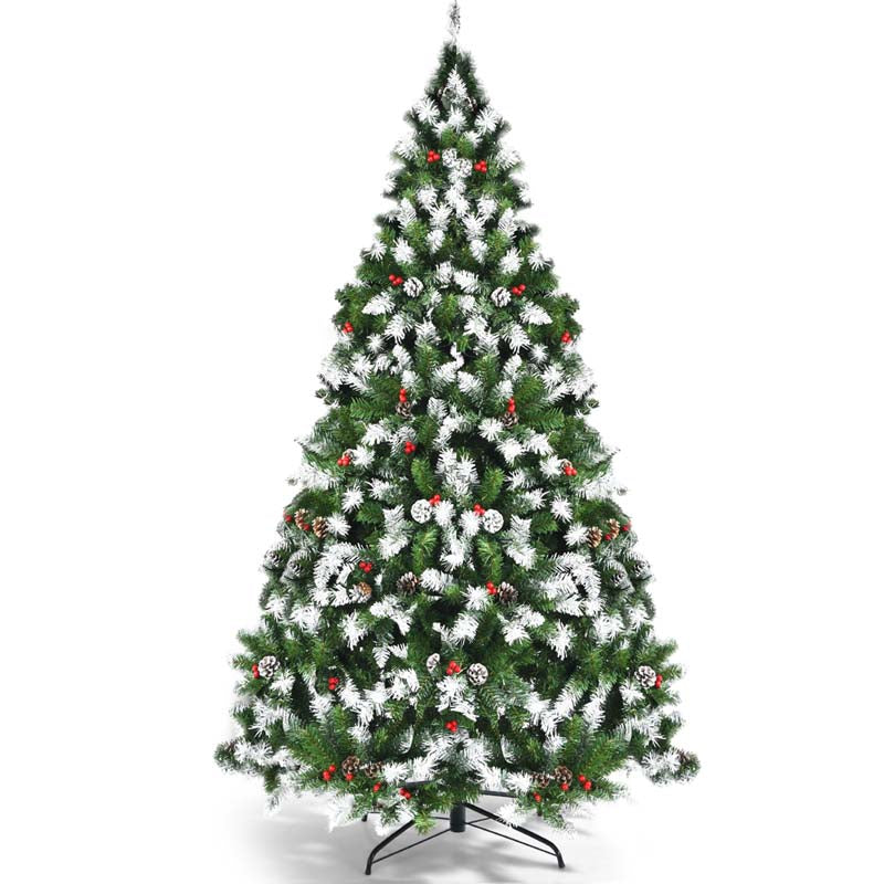 6/7.5/9FT Pre-lit Artificial Christmas Tree, Hinged Snow Flocked Xmas Tree w/Pine Cones, Red Berries & 250/550/900 LED Lights, 8 Lighting Modes