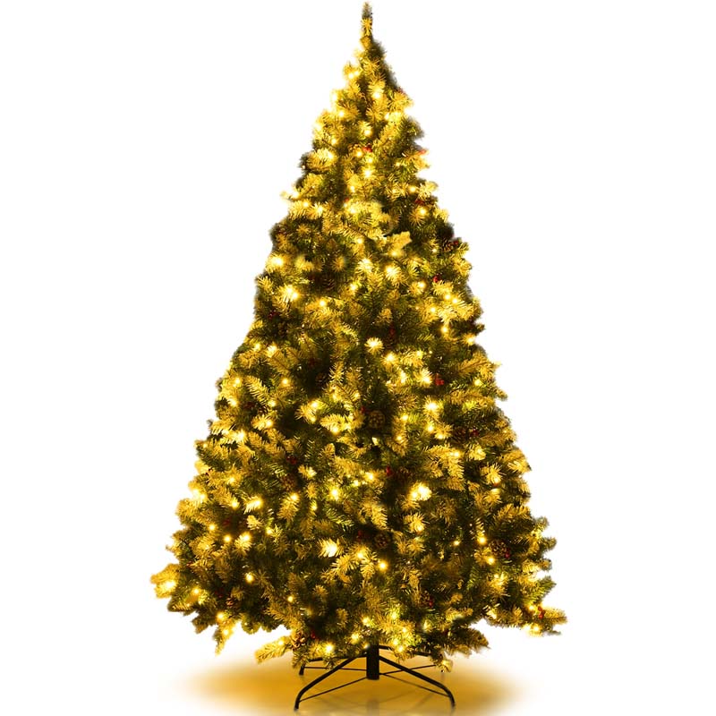 6/7.5/9FT Pre-lit Artificial Christmas Tree, Hinged Snow Flocked Xmas Tree w/Pine Cones, Red Berries & 250/550/900 LED Lights, 8 Lighting Modes