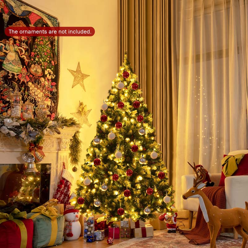 6/7.5/9FT Pre-lit Artificial Christmas Tree, Hinged Snow Flocked Xmas Tree w/Pine Cones, Red Berries & 250/550/900 LED Lights, 8 Lighting Modes