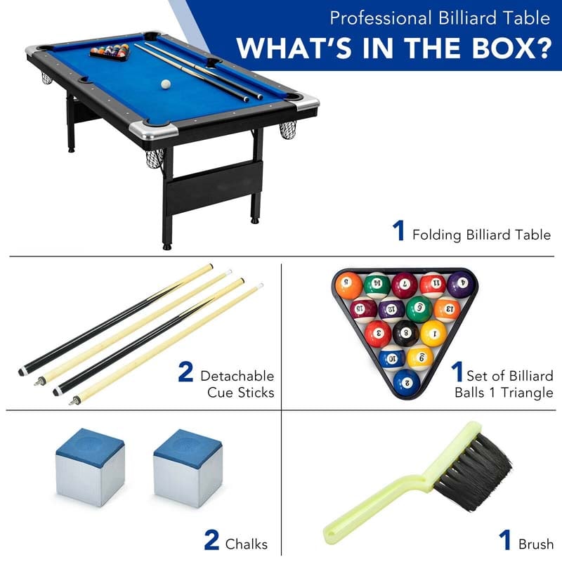 6 FT Folding Pool Table 76 Inch Portable Billiard Table with Locking Legs & Adjustable Feet