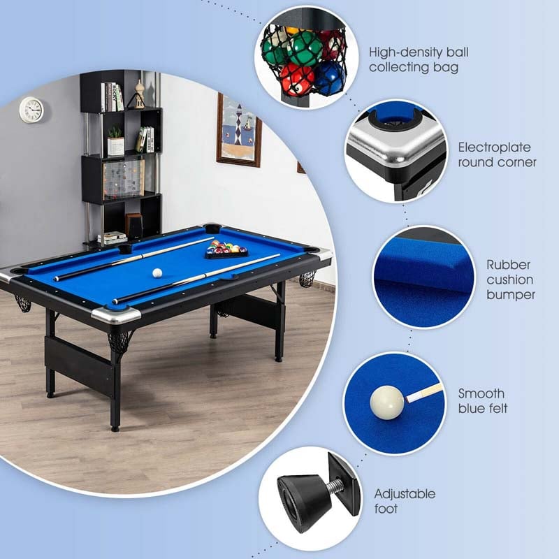 6 FT Folding Pool Table 76 Inch Portable Billiard Table with Locking Legs & Adjustable Feet