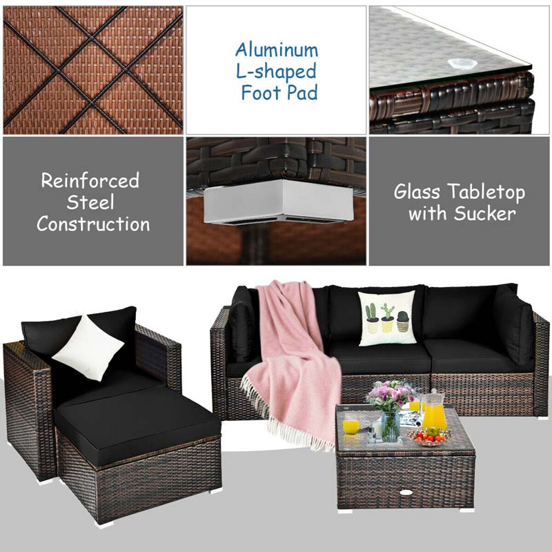 6 Pcs Patio Rattan Sectional Furniture Set Outdoor Conversation Sofa Set with Cushions