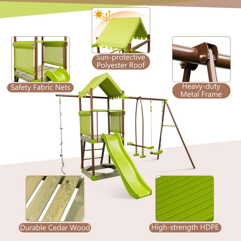 7-in-1 Heavy Duty Kids Swing Sets for Backyard with Slide, Upper Deck with Canopy, Sandbox, Climbing Rope, Glider and Swing