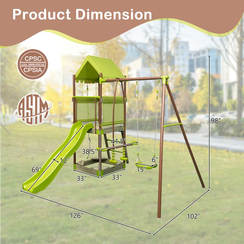 7-in-1 Heavy Duty Kids Swing Sets for Backyard with Slide, Upper Deck with Canopy, Sandbox, Climbing Rope, Glider and Swing
