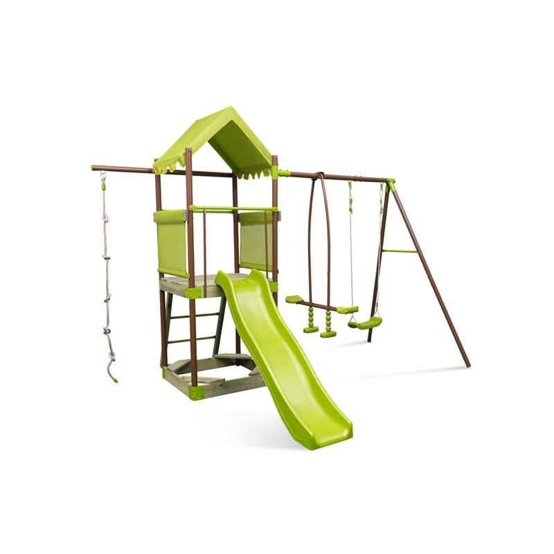 7-in-1 Heavy Duty Kids Swing Sets for Backyard with Slide, Upper Deck with Canopy, Sandbox, Climbing Rope, Glider and Swing