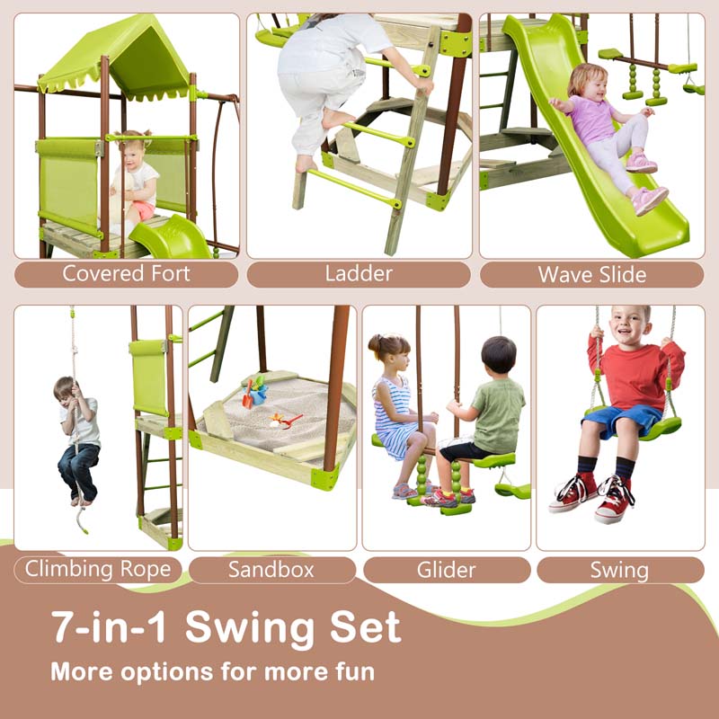 7-in-1 Heavy Duty Kids Swing Sets for Backyard with Slide, Upper Deck with Canopy, Sandbox, Climbing Rope, Glider and Swing