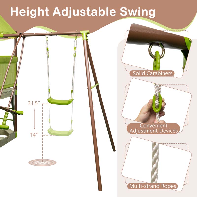 7-in-1 Heavy Duty Kids Swing Sets for Backyard with Slide, Upper Deck with Canopy, Sandbox, Climbing Rope, Glider and Swing