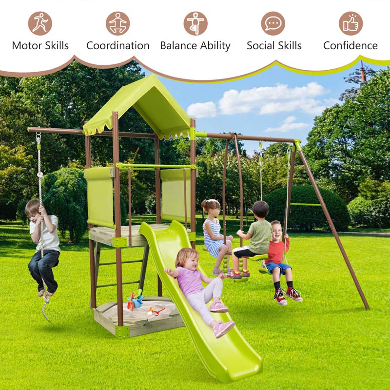 7-in-1 Heavy Duty Kids Swing Sets for Backyard with Slide, Upper Deck with Canopy, Sandbox, Climbing Rope, Glider and Swing
