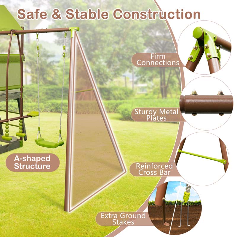7-in-1 Heavy Duty Kids Swing Sets for Backyard with Slide, Upper Deck with Canopy, Sandbox, Climbing Rope, Glider and Swing