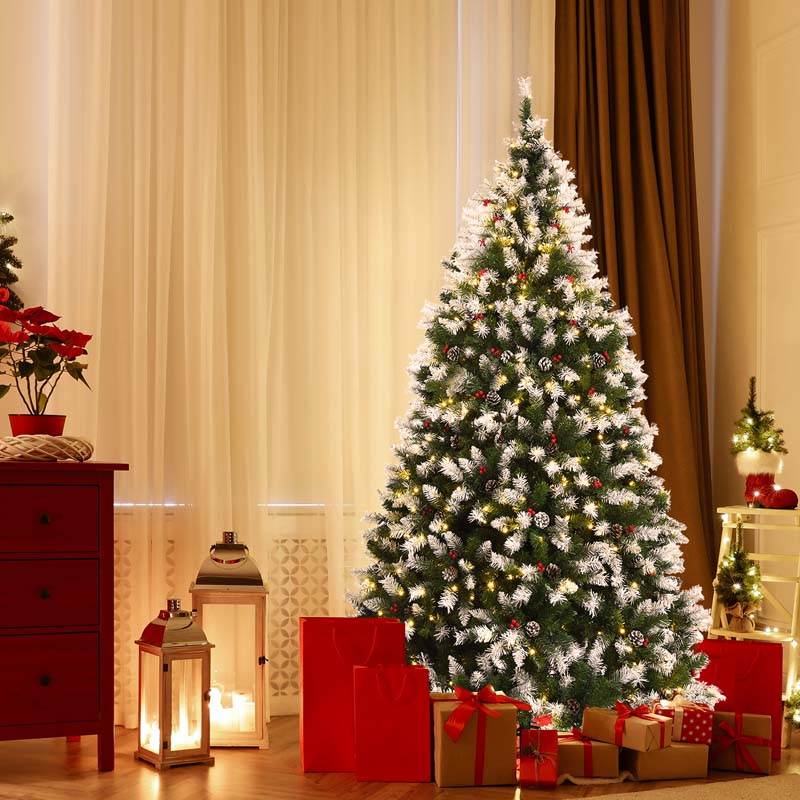 6/7.5/9FT Pre-lit Artificial Christmas Tree, Hinged Snow Flocked Xmas Tree w/Pine Cones, Red Berries & 250/550/900 LED Lights, 8 Lighting Modes