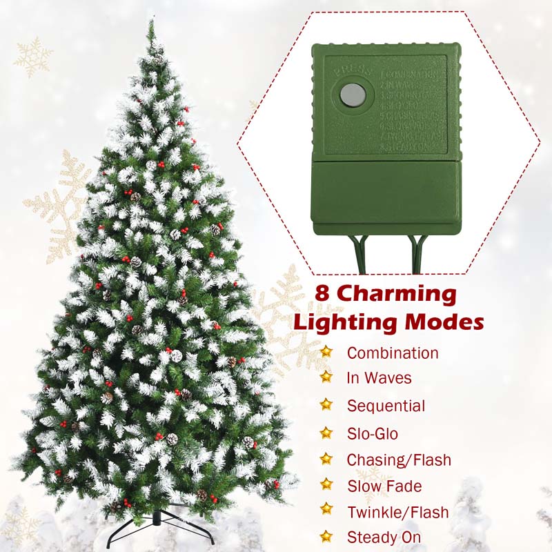 6/7.5/9FT Pre-lit Artificial Christmas Tree, Hinged Snow Flocked Xmas Tree w/Pine Cones, Red Berries & 250/550/900 LED Lights, 8 Lighting Modes