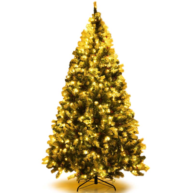 6/7.5/9FT Pre-lit Artificial Christmas Tree, Hinged Snow Flocked Xmas Tree w/Pine Cones, Red Berries & 250/550/900 LED Lights, 8 Lighting Modes