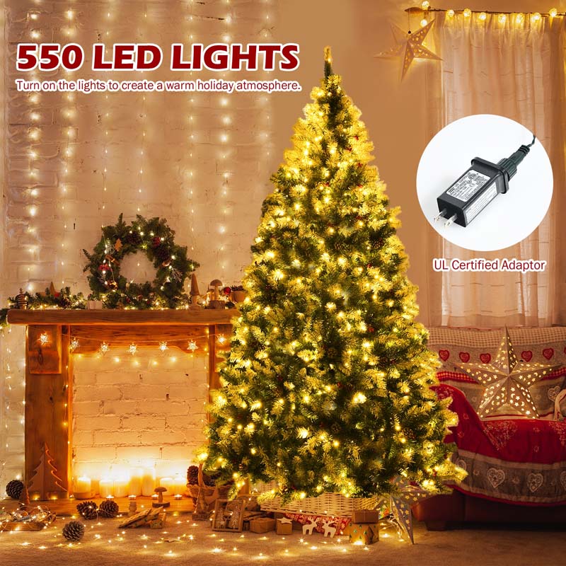 6/7.5/9FT Pre-lit Artificial Christmas Tree, Hinged Snow Flocked Xmas Tree w/Pine Cones, Red Berries & 250/550/900 LED Lights, 8 Lighting Modes