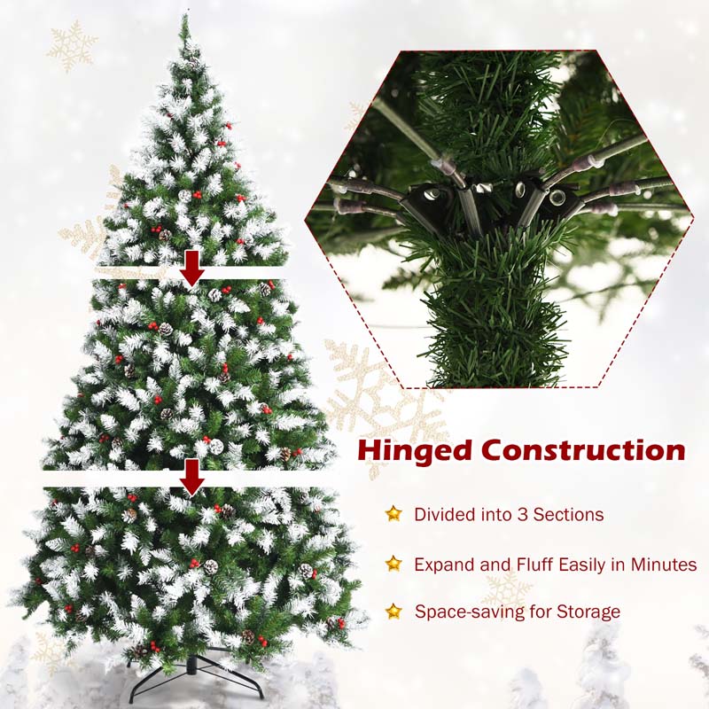 6/7.5/9FT Pre-lit Artificial Christmas Tree, Hinged Snow Flocked Xmas Tree w/Pine Cones, Red Berries & 250/550/900 LED Lights, 8 Lighting Modes