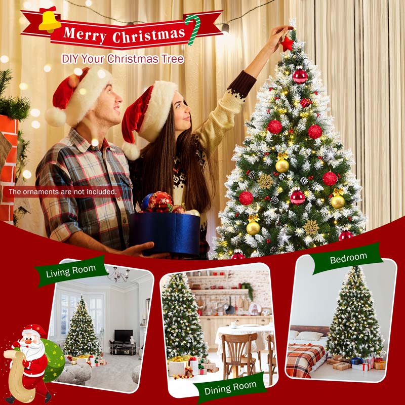 6/7.5/9FT Pre-lit Artificial Christmas Tree, Hinged Snow Flocked Xmas Tree w/Pine Cones, Red Berries & 250/550/900 LED Lights, 8 Lighting Modes