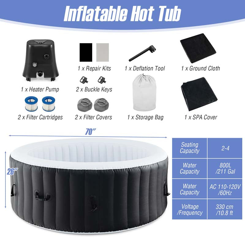 2-6 Person 70"/80" Inflatable SPA Pool Hottub with 110/130 Air Jets, Heater Pump, Portable Outdoor Water Spa Tub for Backyard