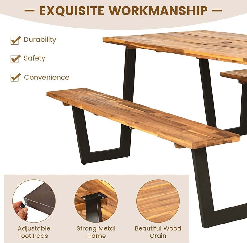 70" Patented Picnic Table Bench Set with Umbrella Hole, Acacia Wood Outdoor Dining Table Bench Set