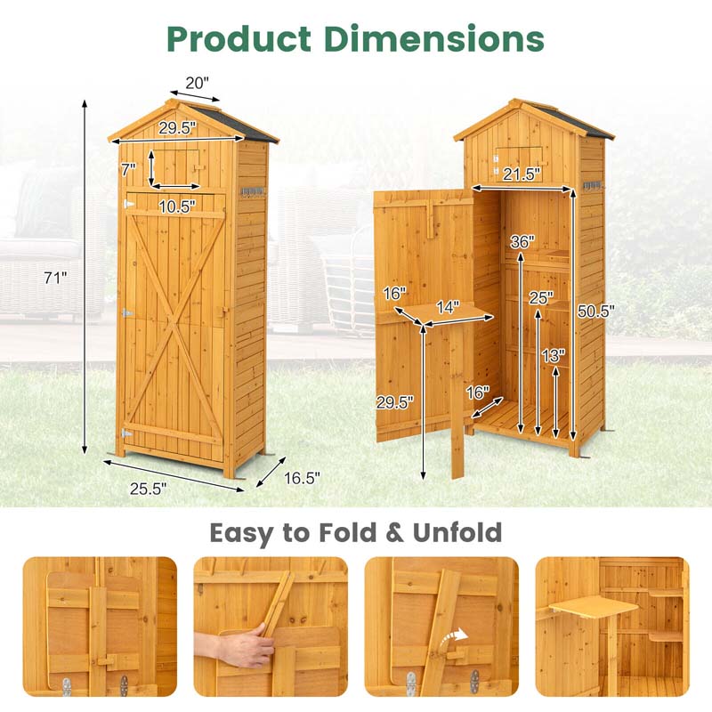 71" Tall Waterproof Wooden Outdoor Shed Garden Tool Storage Cabinet with Lockable Doors & Foldable Table